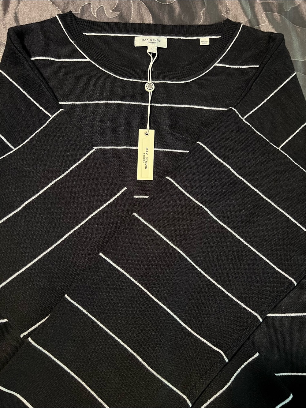 NWT Max Studio Black Sweater White Stripes Boxy Oversized Fit Large